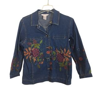 Susan Graver Style Womens Denim Jacket Blue Floral Embroidered Beaded Medium